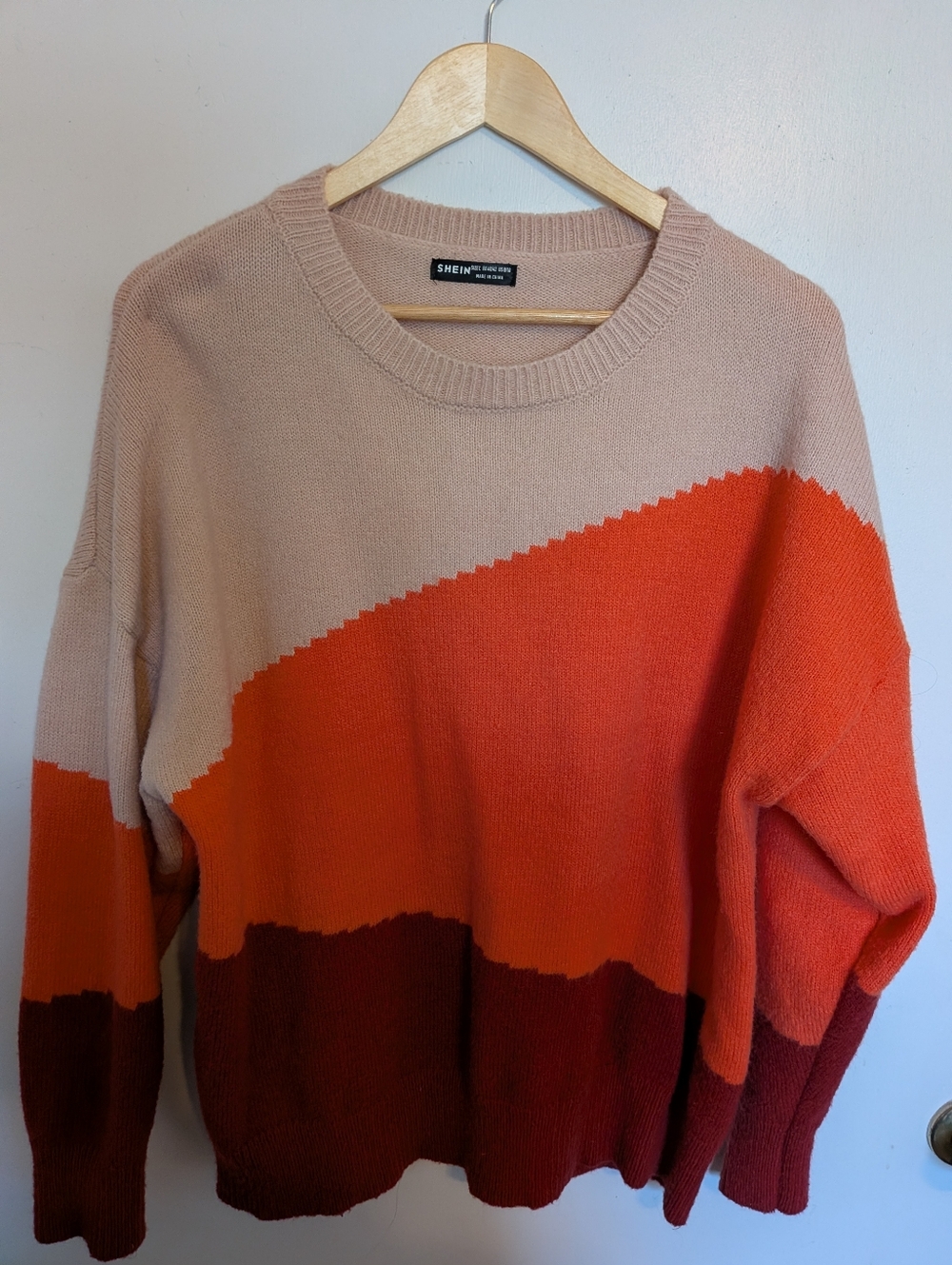 SHEIN Beige Orange Burgundy Colorblock Crewneck Sweater